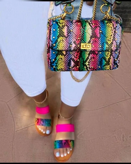 

JANHE bolsas carteras Taschen sac Ladies Snakeskin Pu Leather Handbag Slippers Slides Purse And Shoe Sandals Matching Bag Set