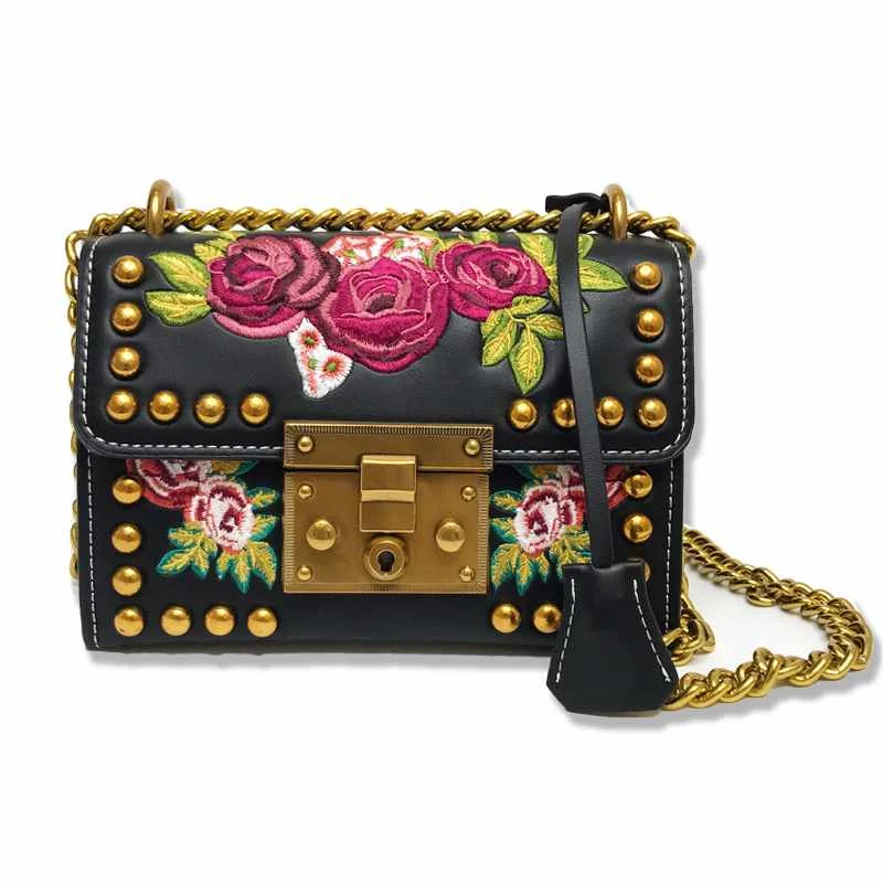 

2021 Fashion Women Lady Gold Rivets Embroidery Flowers Chains Leather Handbags Shoulder Bags Messenger Bags Black White Handbag, Customized color