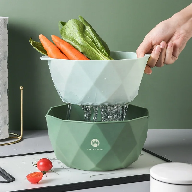 

2 Size Geometric Strainer Bowl Double Layered Drain Basket Plastic Kitchen Fruit Vegetable Colander, 3 colors