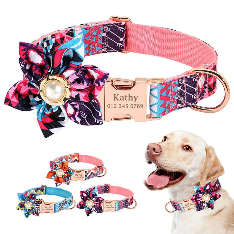 

2021 Trending Products Safety Metal Buckle Adjustable Floral Pattern Custom Printed Nylon Dog Collar, More colors for option