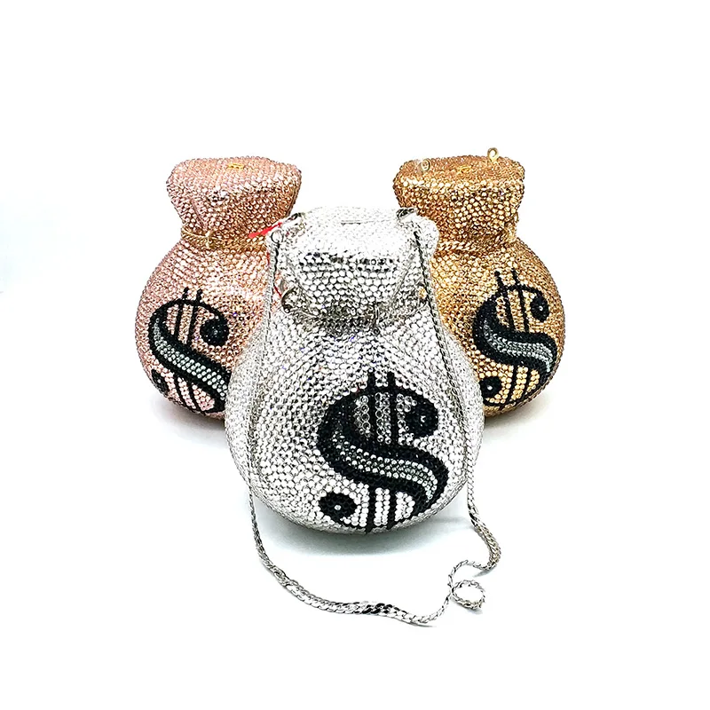 

Newest Luxury women evening party designer funny rich dollar full crystal clutches purses pouch money bag