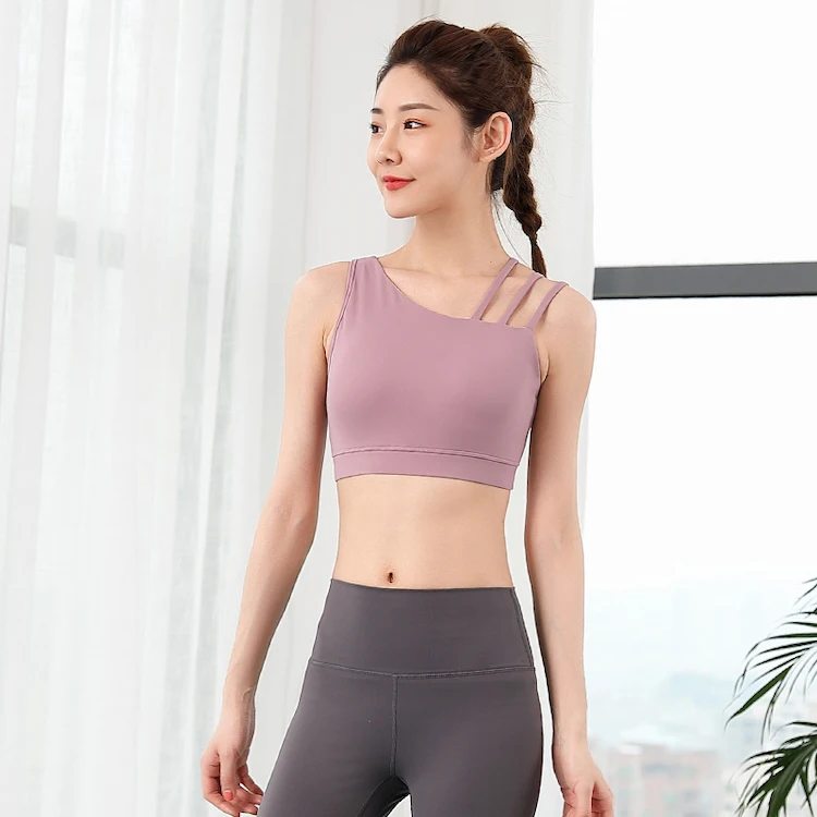 

Factory Wholesale Stylish Asymmetric Shoulder Padded Sports Yoga Bras For Women Ladies, Private Label Fitness Clothing Gym Bra, 4 colors in stock for choosing