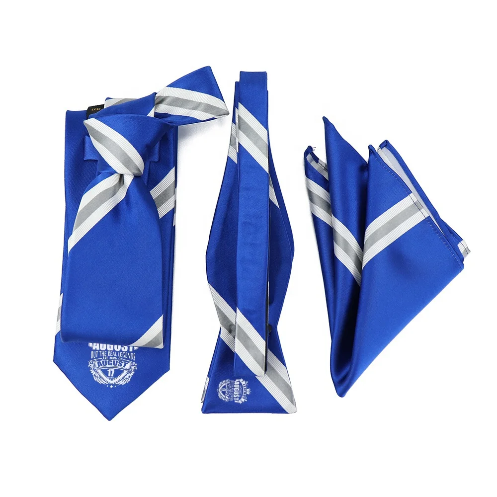 

Fashion Men OEM Custom Phi Beta Sigma Logo Woven Necktie Blue Striped Bow Tie and Pocket Square Set