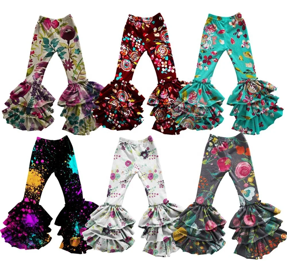

Wholesale Baby Girl Triple Ruffle Pant Boutique Custom Printed Children Pants Kids Bell Bottom leggings Pants, Picture