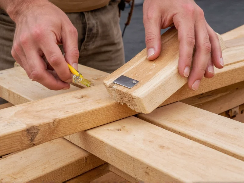 Hand holding reclaimed wood pieces with measuring tape and pencil