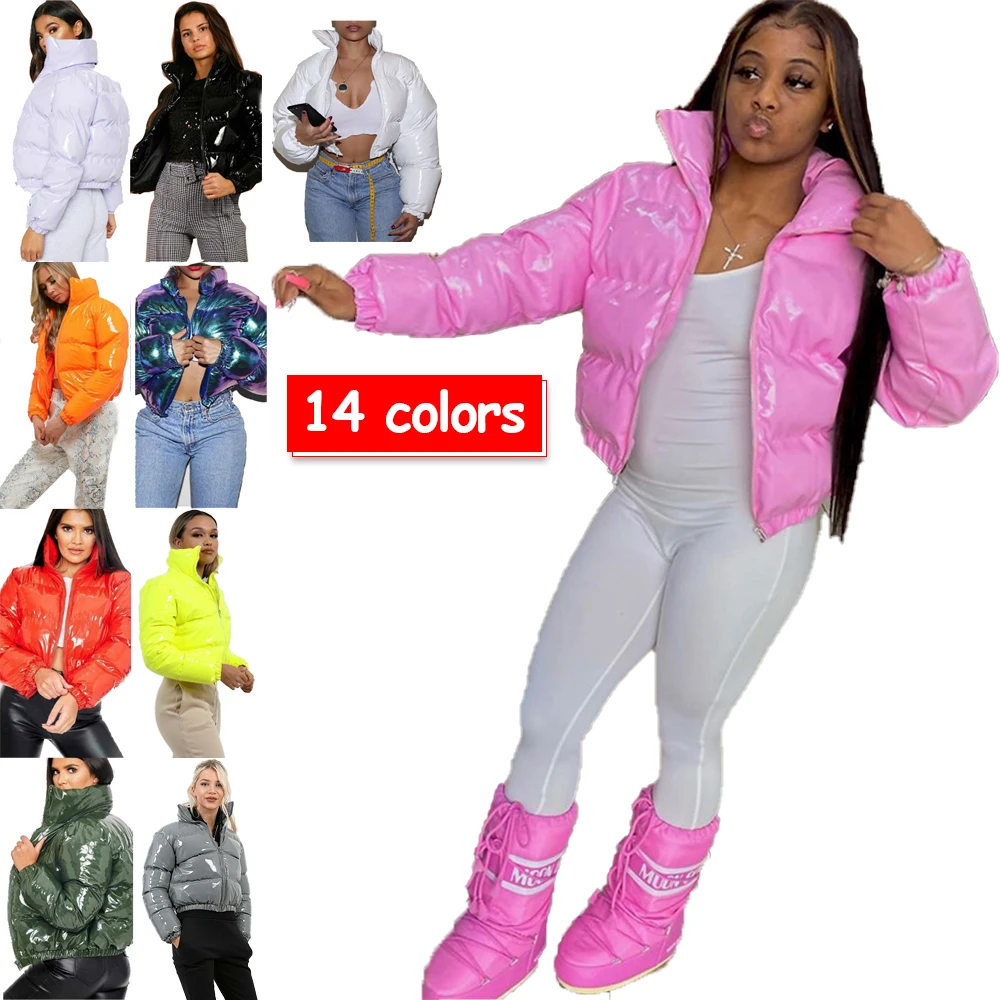 

J9239 In stock winter coat womens neon shinny crop long sleeve puff jacket for women bubble coat