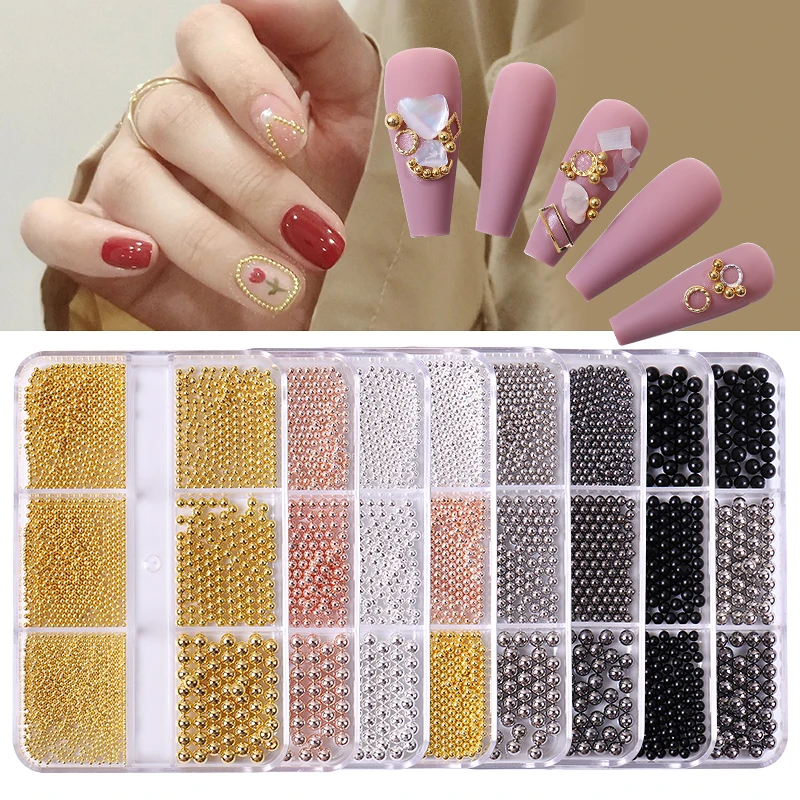 

6 Grids/Box Nail Art Stainless Steel Mini Gold and Silver Rose Gold Metal Mini Caviar Nail Beads 3D Decoration DIY Materials