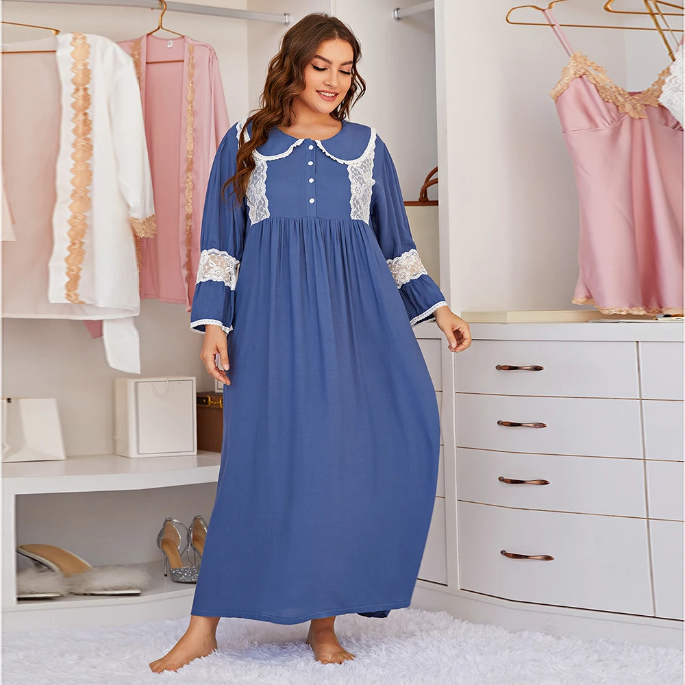 

Long lace one piece sleep dress housecoat loungewear vintage pyjamas 4xl plus size fat lady women nightgowns pijamas encaje, Blue, black