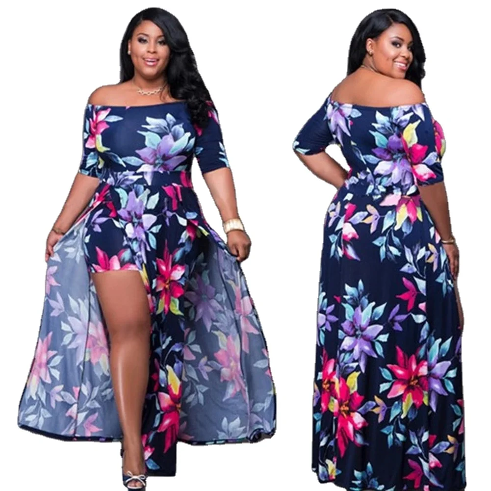 

2020 Summer Wholesale Floral Print Maxi Plus Size Clothing Casual Off Shoulder Sexy Boho Beach Long Dress For Women Girl