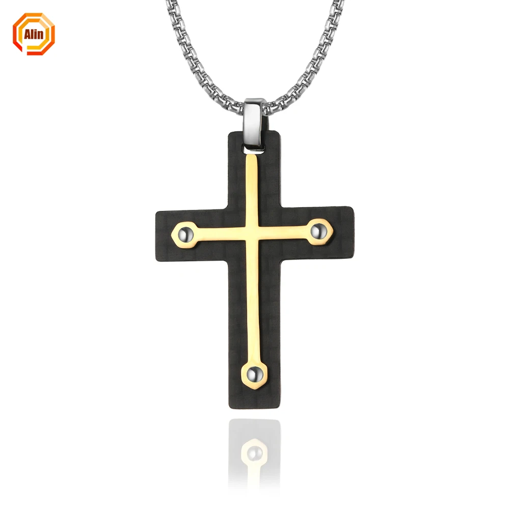 

2021 stainless steel 316L carbon fiber elegant cross necklace fashion gold plating cross necklace accessory for men