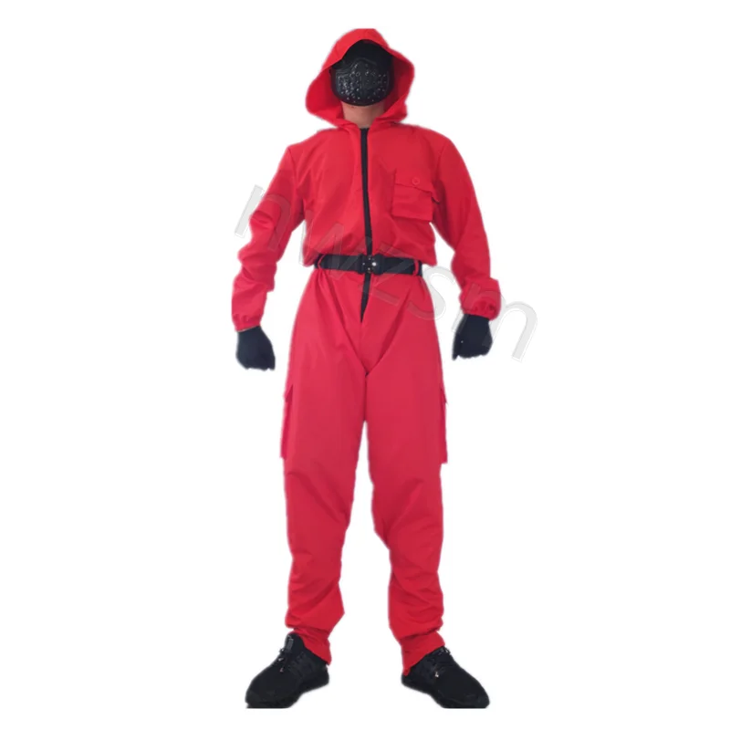 

Korea teleplay Squid game villain Red jumpsuit cosplay costume Halloween party Round Six mask