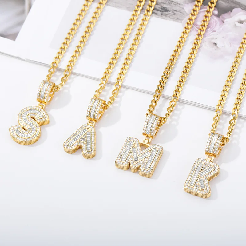 

Hip Hop 26 Initial Letter Necklace Charm Gold Stainless Steel Chain CZ Zircon Letter Pendant Necklace Jewelry Women, As pic show