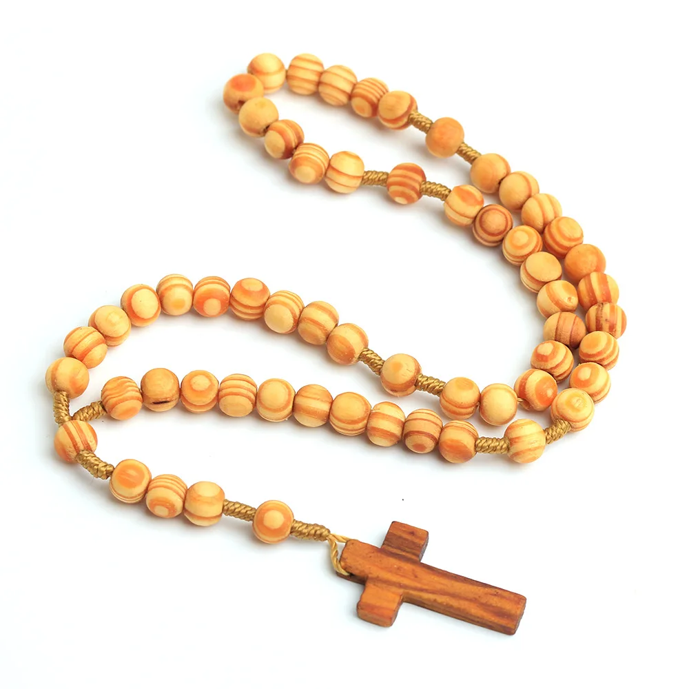 

2021 Komi Wooden Rosary Vintage Religious Beads Jesus Cross Crucifix Pendant Prayer Jewelry Necklaces