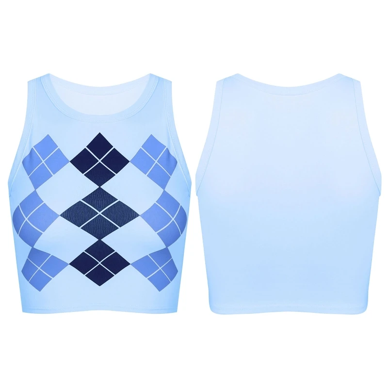 

Low Price Women Vest Ladies Casual Round Neck Sleeveless Tank Tops Geometric Rhombic Printed Crop Top