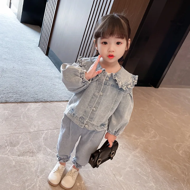 

fall autumn infant baby girls denim clothes sets toddler kids ruffles collar denim jacket with pant J2021065