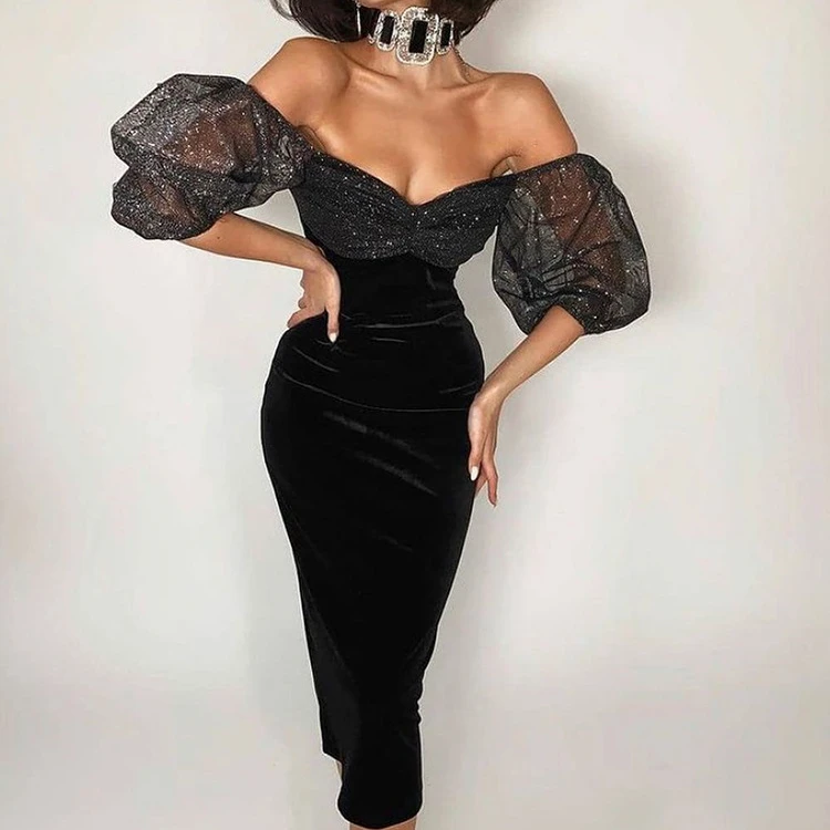 

2021 new arrivals summer collection off shoulder bubble sleeve fashion sexy women velvet casual dresses