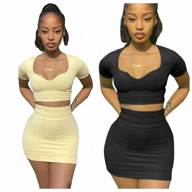 

Top Sale Summer Women Yellow Black Crop Top Two Piece Mini Skirt Set 2022