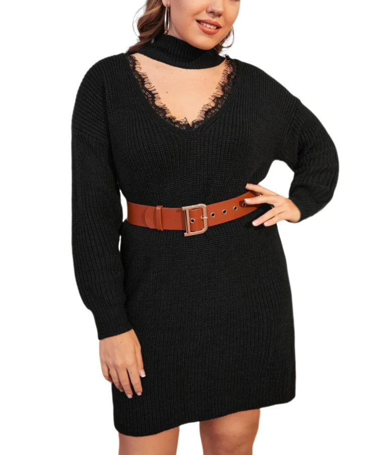 

2021Wholesale Elegant Spring Long Sleeve V-Neck Lace Printed Black Sweater Dresses