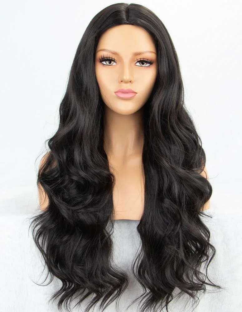 

Natural Looking Cheap Heat Friendly Fiber Hair 24 Inches Long Natural Wavy Black None Lace Synthetic Wig