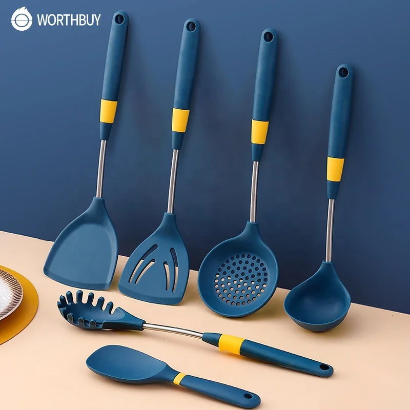 

WORTHBUY Silicone Cooking Utensils Set Stainless Steel Kitchenware Spatula Shovel Heat Resistant Cooking Tools Set, Blue yellow color