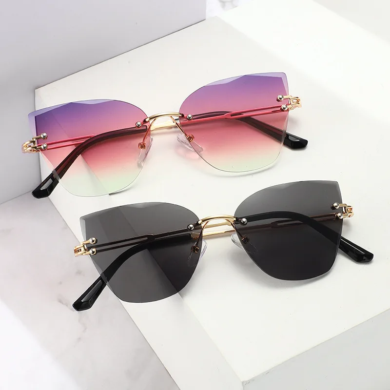 

2021 New Trendy Cat Eye Frameless Cut Edge Gradient Color Sunglasses for Women, Other