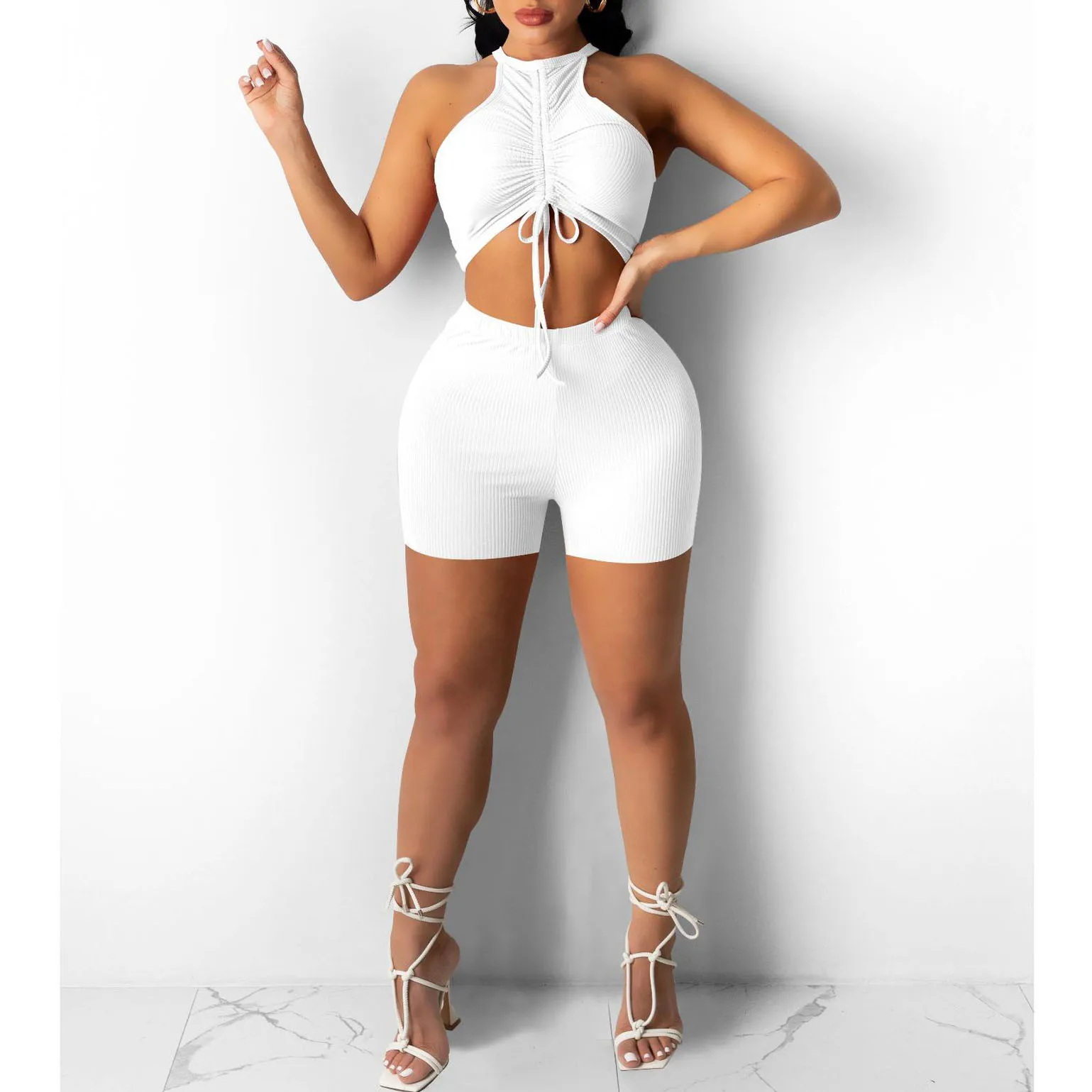 

FS2751D Summer Two Piece Drawstring Crop Top and Shorts Women Biker Sports Set