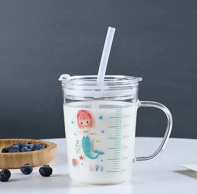 

cute clear glass 350 ml cat bear rabbit pig water milk cup creative straw drink flower tea juice mug