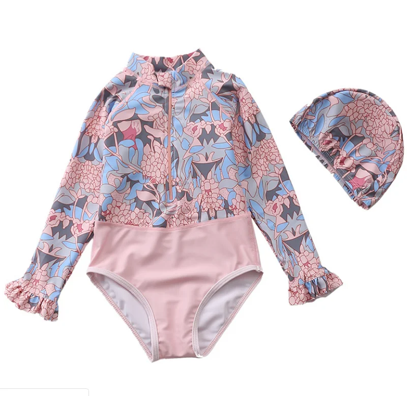 

Hot Sale Long Sleeve Rash Guard One Piece Swimsuit for Girls Baby Toddler Girl Swimming Suit, As pictures shown