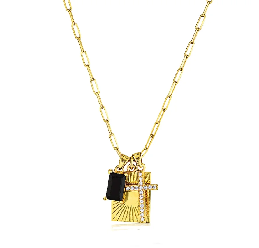 

Vintage Jewelry 18k Gold Stainless Steel Cnc Stone Cross Pendant Square Sun Necklace Hypoallergenic Black Onyx Charm Necklace