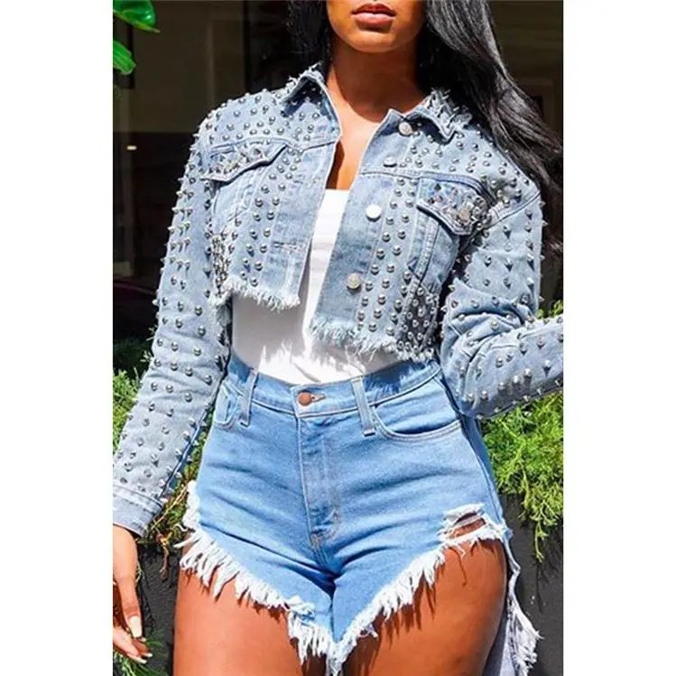 

J9351 Custom fashion women Rivet jacket studded cropped denim jean jacket