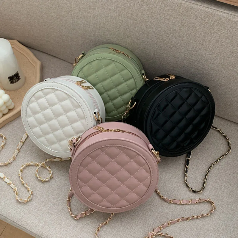 

Fashion lattice embroidery round chain crossbody handbags mini shoulder purse for women, 4 colors