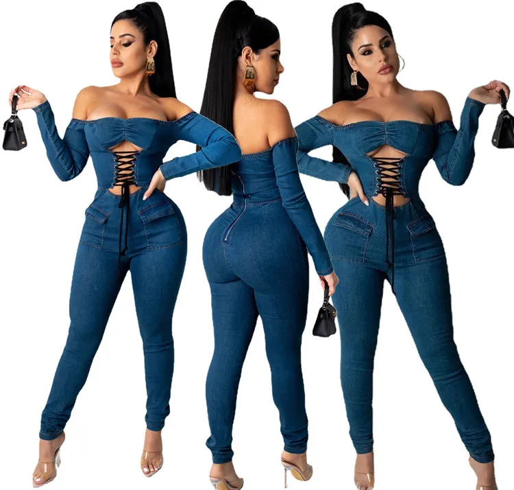

Jumpsuit Hollow Out Off Shoulder Long Sleeve Jumpsuit For Women Sexy Club Party Lace Up One Piece Overall Rompers 2021, As picture
