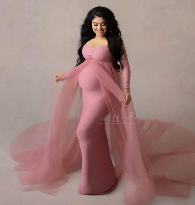

Long Sleeve Pregnant women maxi Front Splited floor Mesh dresses maternity photo shoot dress with long tail for photograph