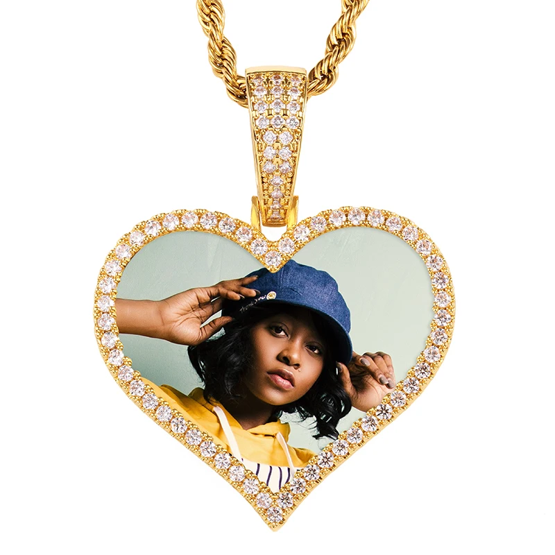

Drop Shipping Hip Hop Jewelry 18K Gold Plated Brass Zircon Custom Photo Pendant Iced Out Sublimation Heart Pendant, Gold/silver/rose gold
