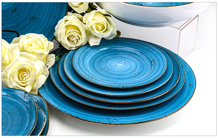 Catering Tableware Porcelain Retro Color Reactive Glaze Crockery Restaurant Hotel Plates Set Dinnerware Ceramic Dinner Set