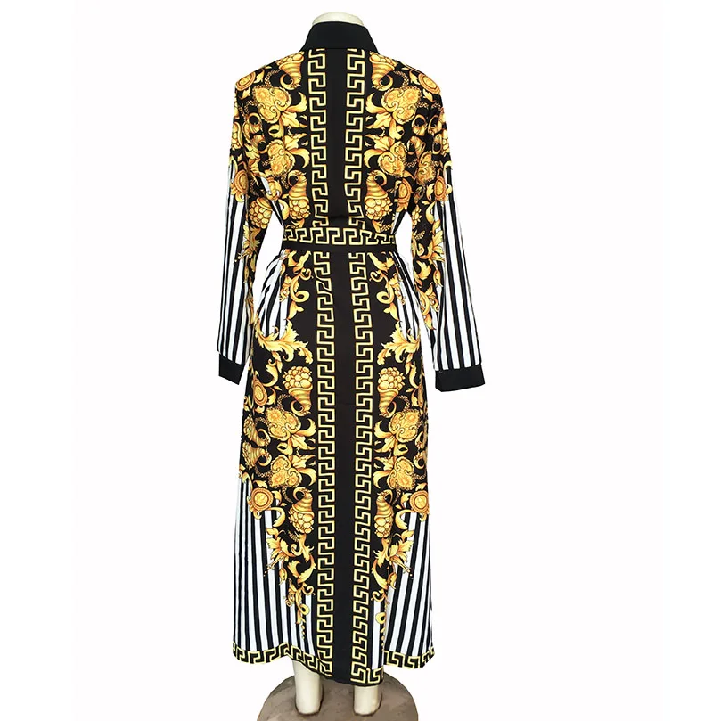 

Women's shirt African fashion printing stitching black collar long sleeve comfortable long shirt dress