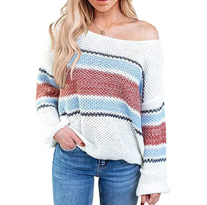 

Best Selling long wide sleeve crew neck pullover confetti color block knit sweater, As picture
