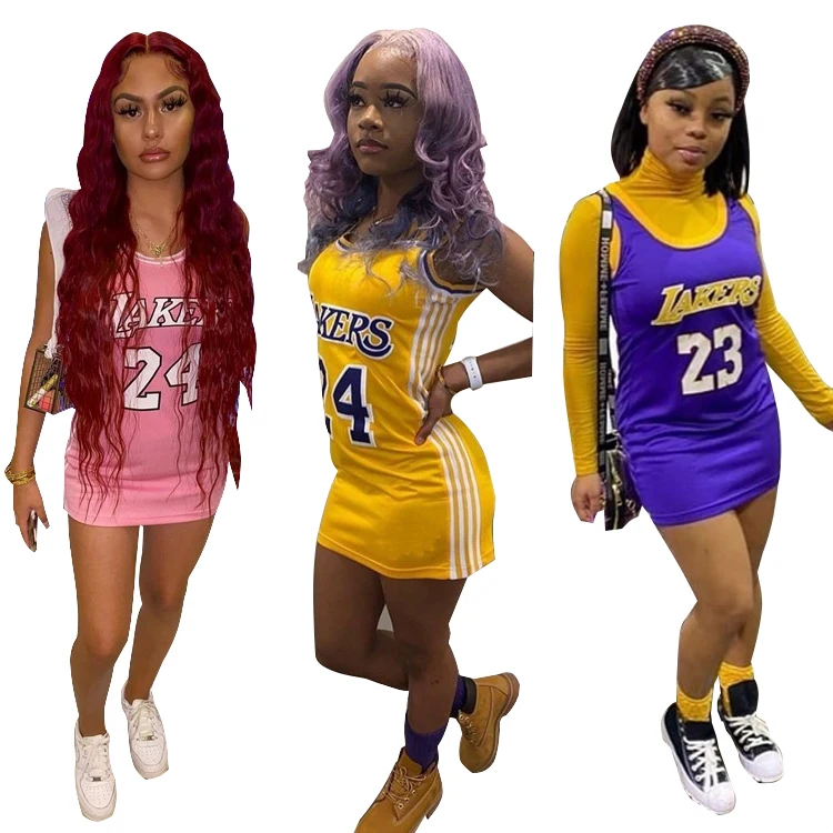 

New Arrivals Women Sleeveless Letter Print Jersey Dress Casual Sports Mini Bodycon Night Club Basketball Dresses