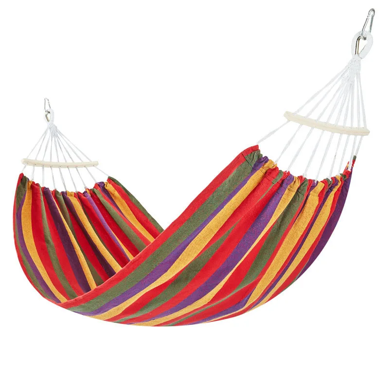 

Canvas hammock reinforcement put side-turning single double outdoor lazy swing with curved wooden sticks, Blue, red