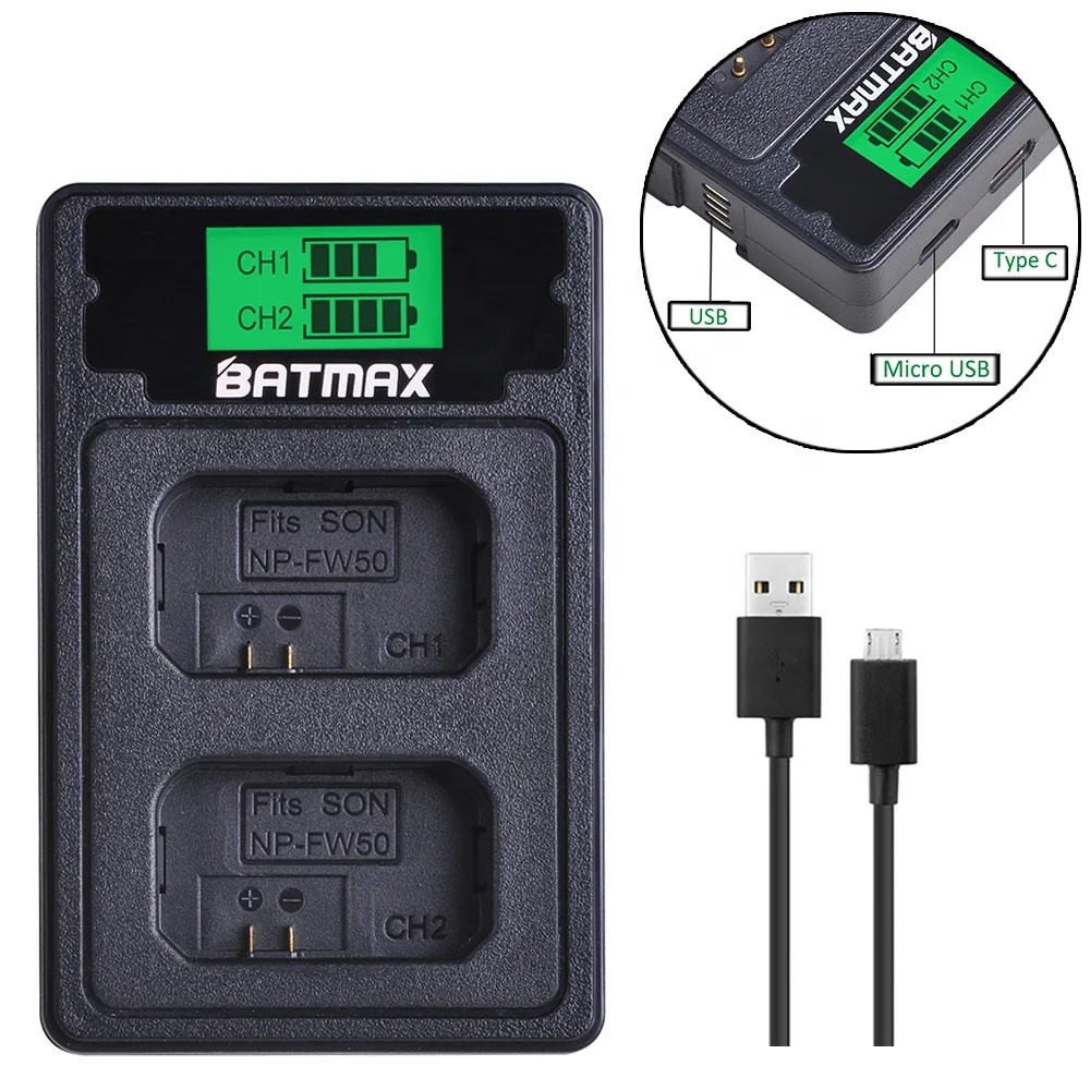 

BATMAX NP-FW50 NP FW50 NPFW50 LCD USB Dual Charger with type C port for Sony Alpha a6500 a6300 a6000 a5000 a3000 NEX-3 a7R etc