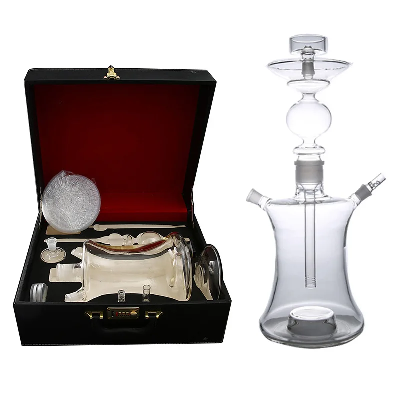 

Wholesale Portable All Glass Led Hookah Narguil Shisha With Travel Leather Lock Bag