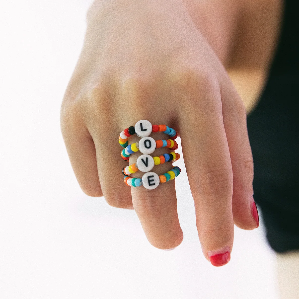 

OUYE 2021 Colorful Acrylic Ring handmade elastic Adjustable Chain INS beaded flowers beads hand woven Ring For Women letter ring, Picture