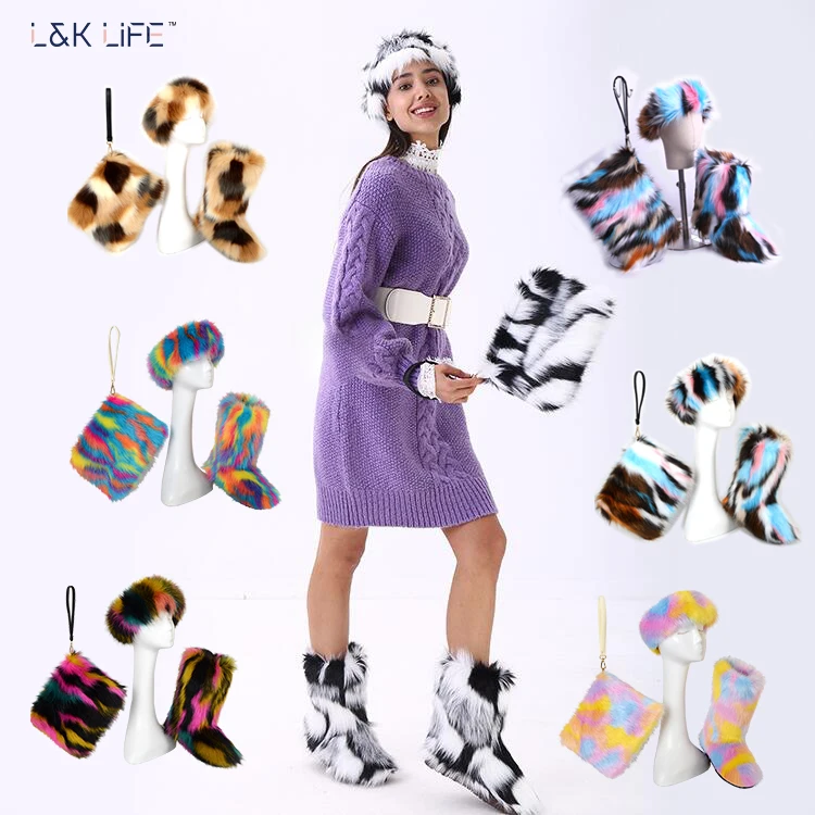 

Custom colorful cheap snow fur winter boots set for women with private logo, As picture