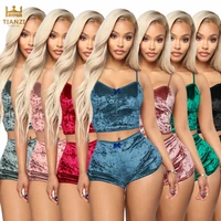 

SA3431 - women casual velvet shorts and crop top two piece set