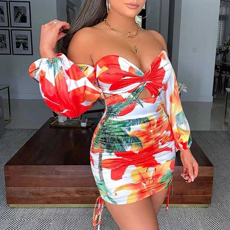 

Vacation Women Casual Dresses Off Shoulder Puff Sleeve Ladies Summer Floral Printed Dress Clothing Fashion 2021, Picture color