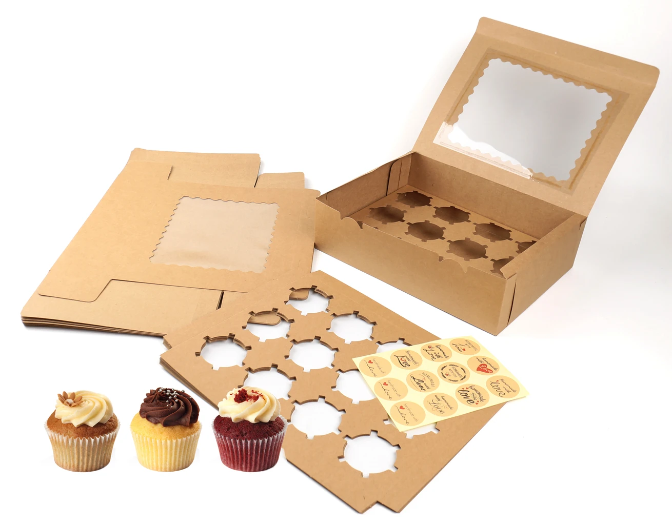 

Custom Kraft Cup Cake Paper Box with Inlay Hot Sale Sturdy Logo Customized Eco Friendly PVC Window Cake Box