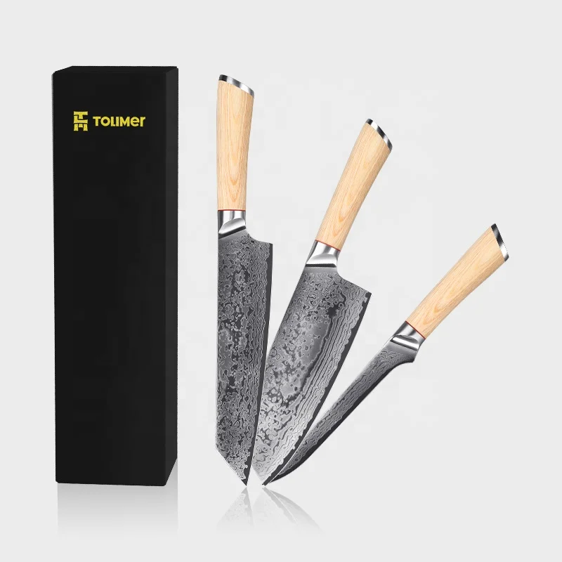 

67 layers 10cr18Mov Damascus steel colored wood Kitchen Knife 3pcs kitchen knife set