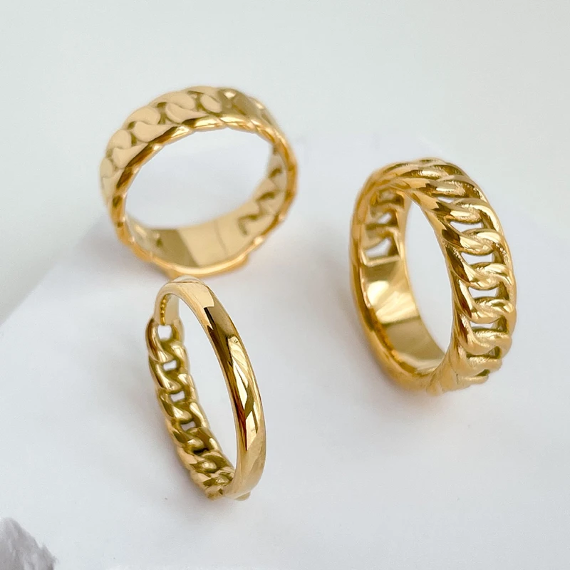 

MICCI Wholesale Custom Trendy Fashion Jewelry Women's 18K Gold Plated Stainless Steel Hollow Cuban Link Chain Rings, Gold color