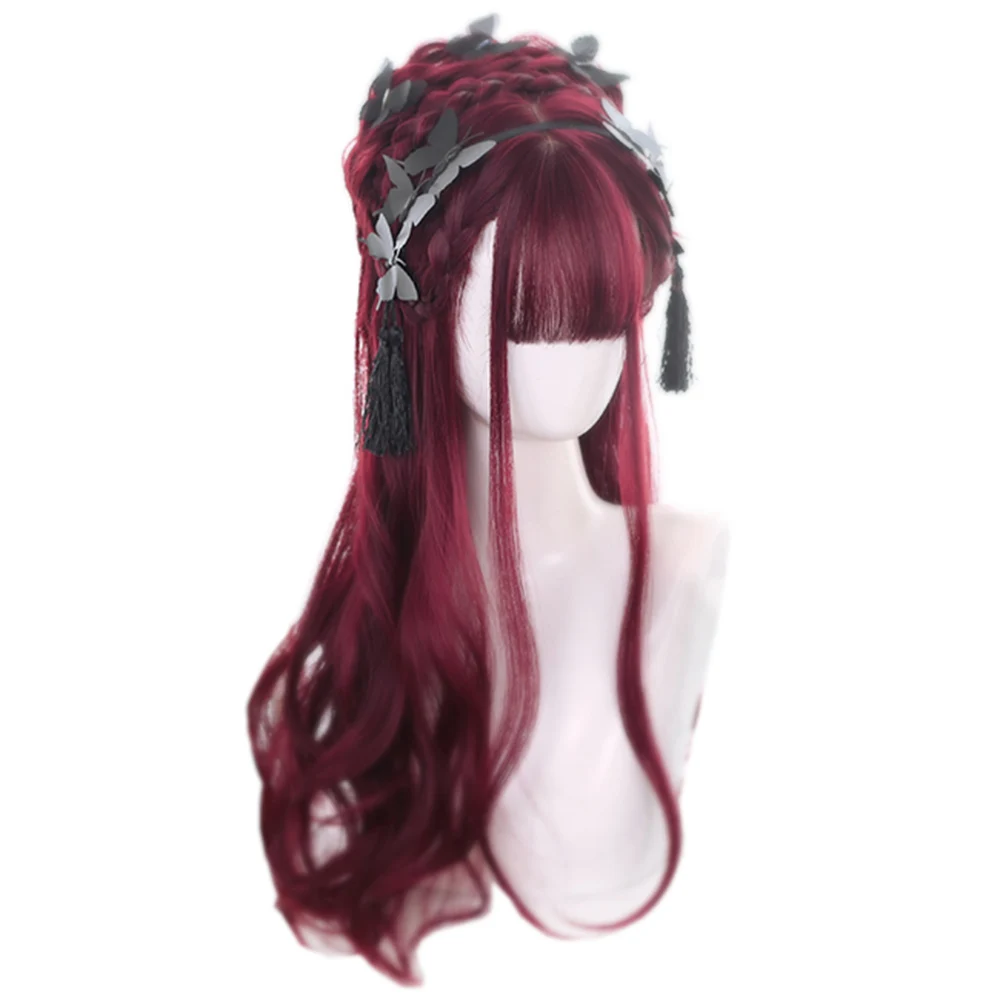 

Purple Red Wine Long Wavy Synthetic Hair Wig Rose Net Air Bangs Japanese Lolita Rooming Face Natural Cute Girls Cosplay Wigs, Pic showed