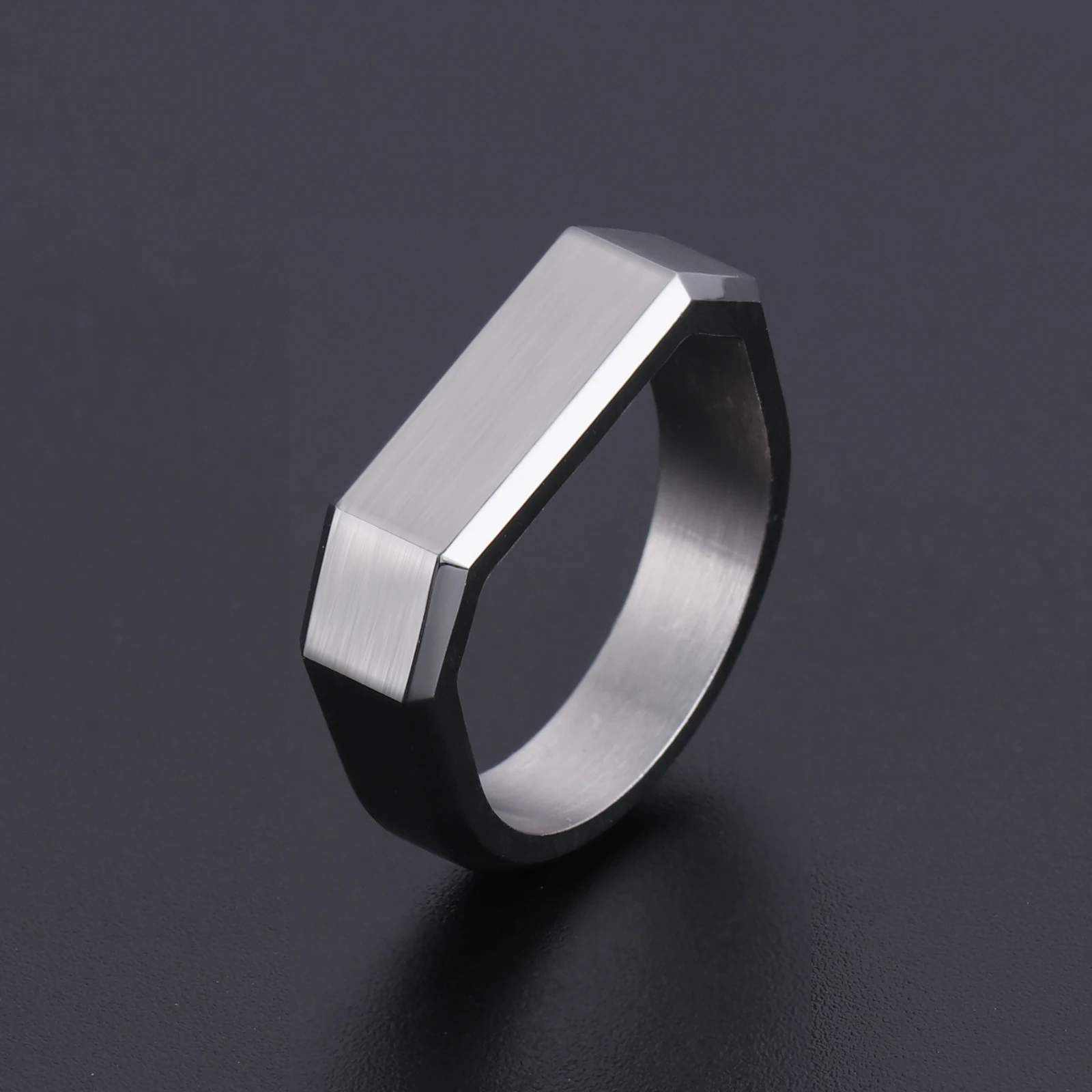 

Engraved Stainless Steel Jewelry Minimal Mens Customised Shaped Design Word Logo Name Geometric Minimalist Custom Ring, Picture shows